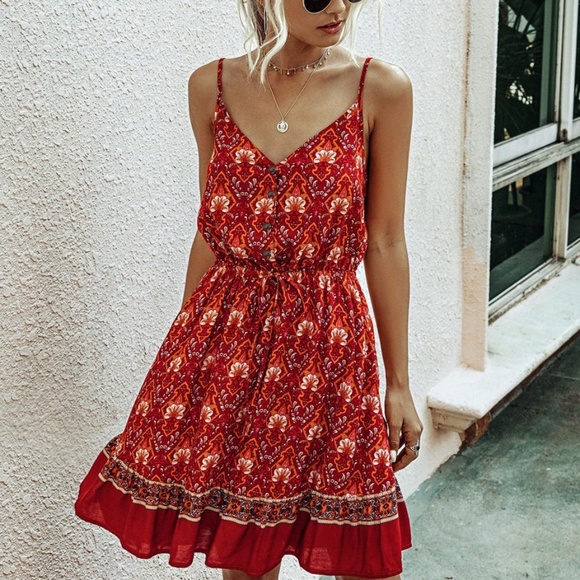 Boho Hippie Gypsy Floral Midi Dress - red - Picture 7 of 8
